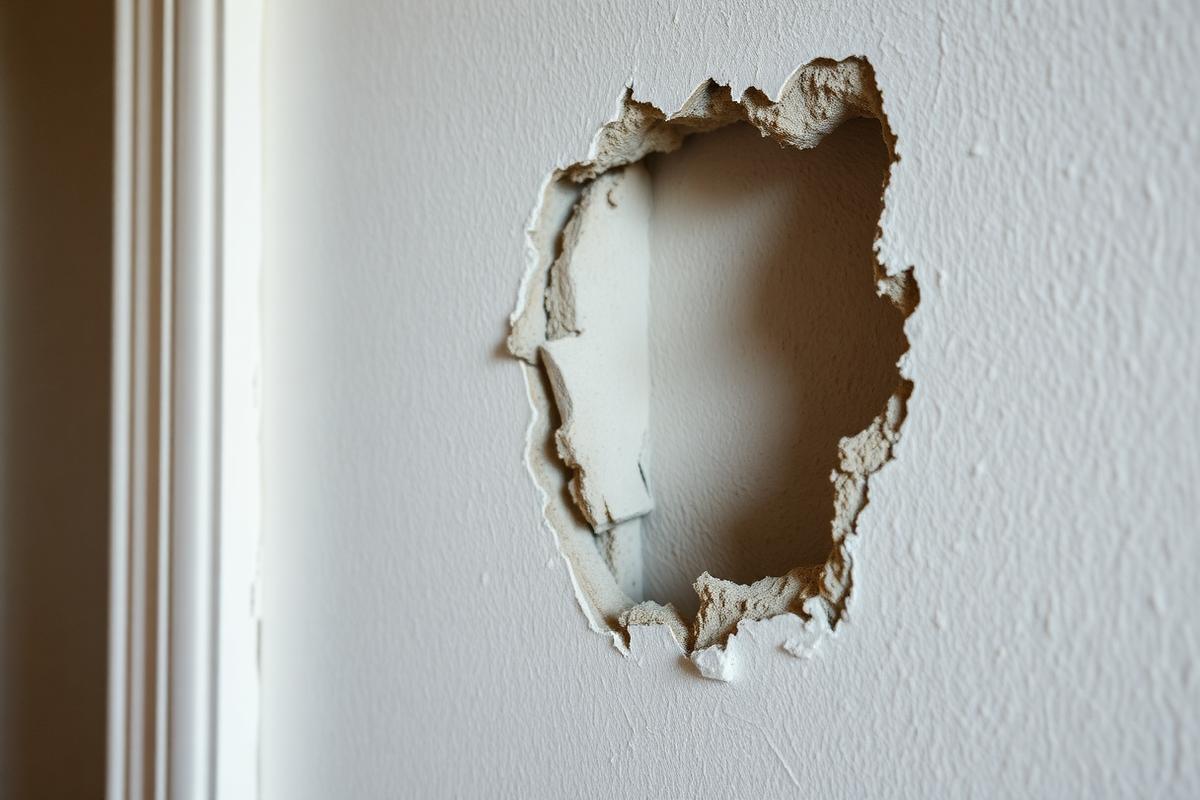 Damaged drywall with a hole before repair