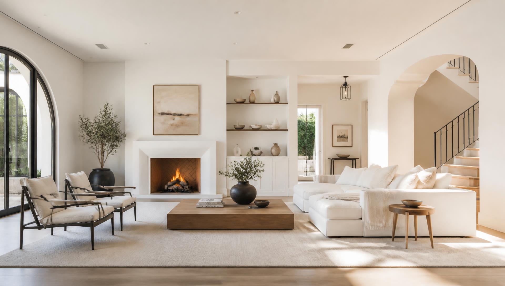 Modern living room with flawless walls and ceilings after drywall restoration